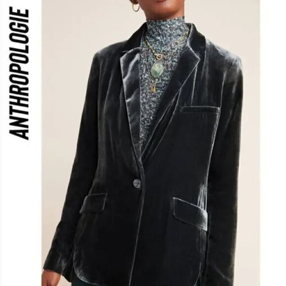 Anthropologie Alessia Carbon Green Velvet Blazer Size S - Picture 1 of 4